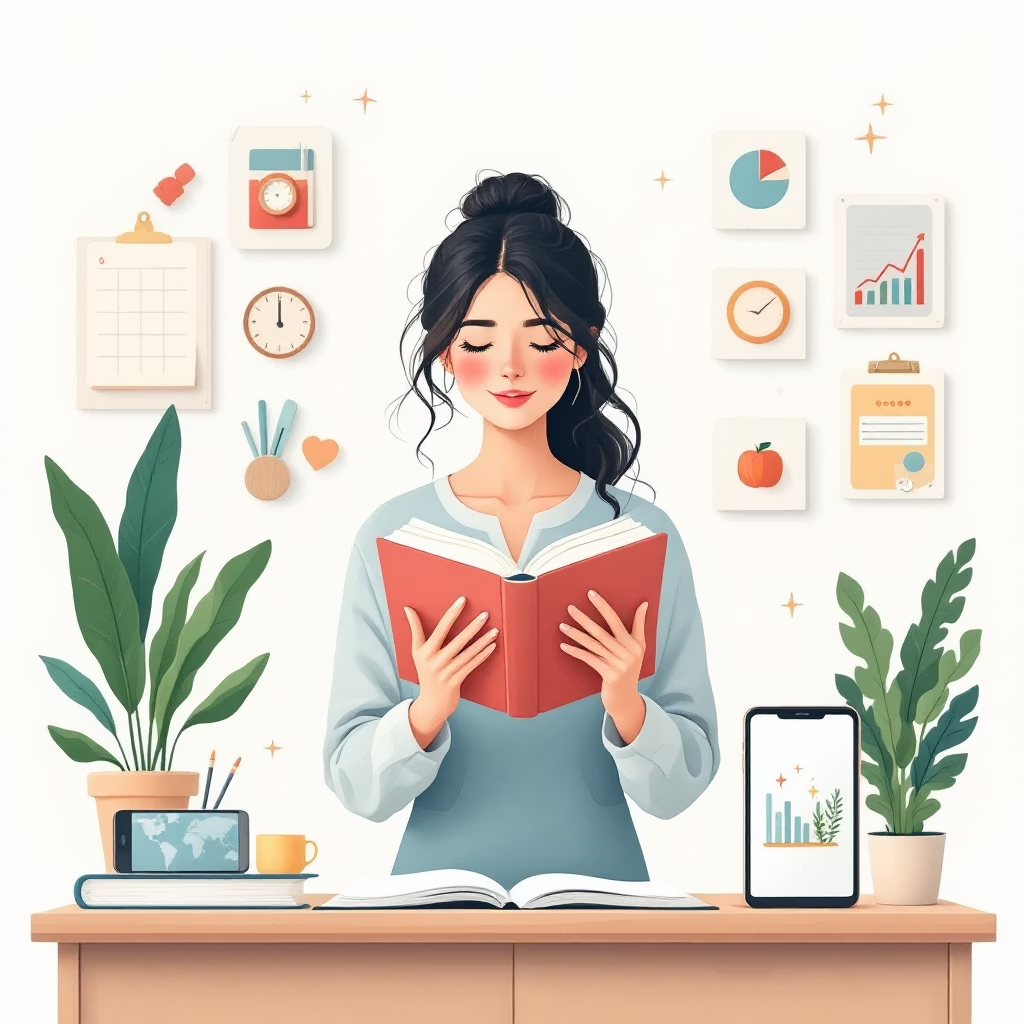 Maestra leyendo un libro rodeada de elementos educativos